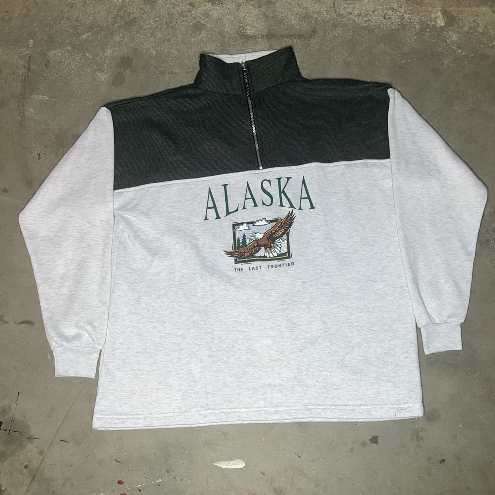 90s Green & White Alaska 1/4 Zip Sweater / Nature Tee / Vintage / XXL